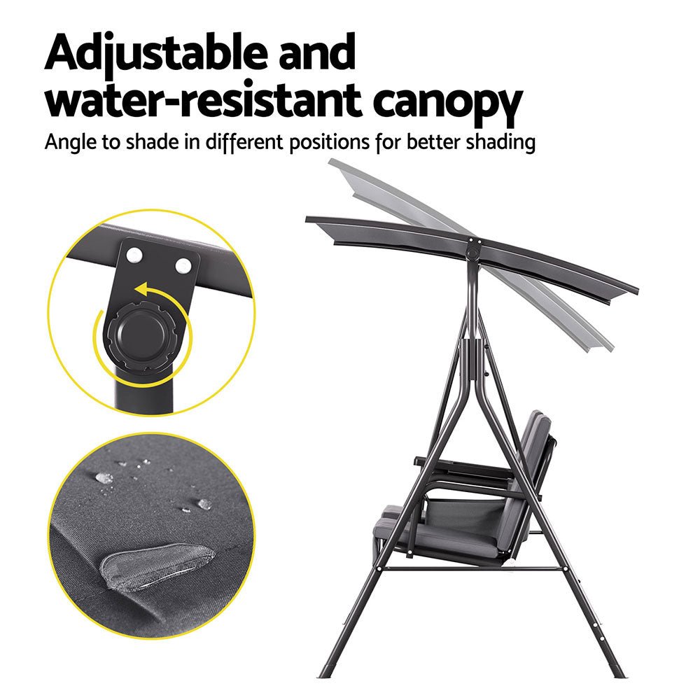 Gardeon Outdoor Swing Chair Garden Chair Canopy Cup Holder 2 Seater Grey - OZ Home Deals