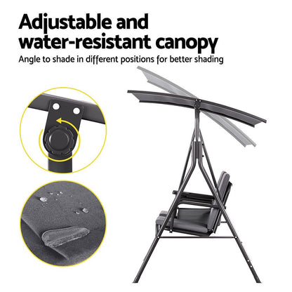 Gardeon Outdoor Swing Chair Garden Chair Canopy Cup Holder 2 Seater Grey - OZ Home Deals