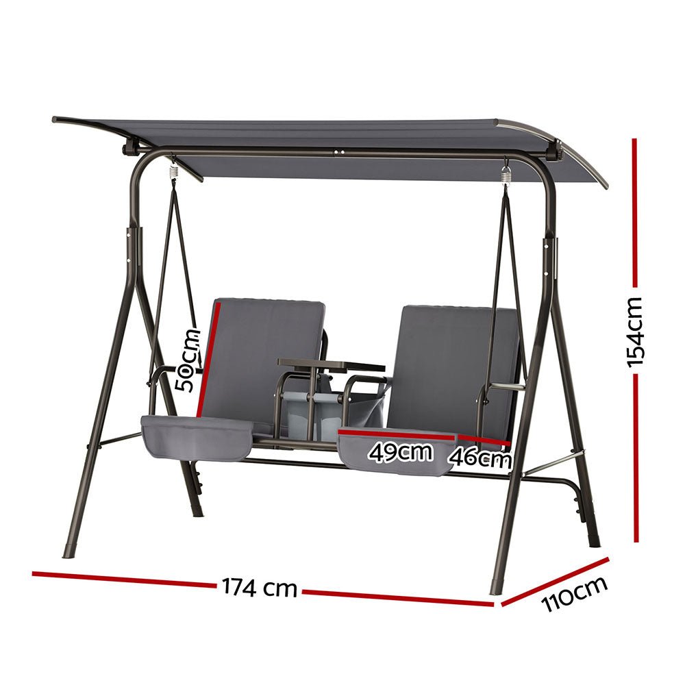 Gardeon Outdoor Swing Chair Garden Chair Canopy Cup Holder 2 Seater Grey - OZ Home Deals