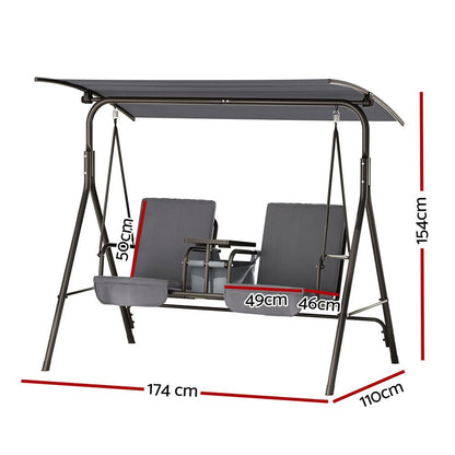 Gardeon Outdoor Swing Chair Garden Chair Canopy Cup Holder 2 Seater Grey - OZ Home Deals