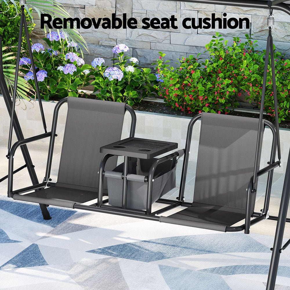 Gardeon Outdoor Swing Chair Garden Chair Canopy Cup Holder 2 Seater Grey - OZ Home Deals