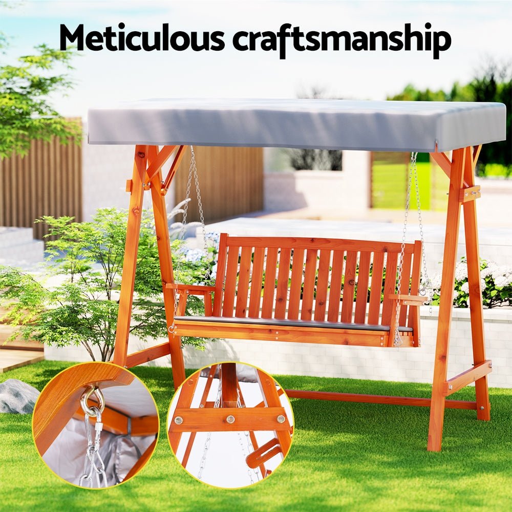 Gardeon Outdoor Wooden Swing Chair Garden Bench Canopy Cushion 3 Seater Teak - OZ Home Deals