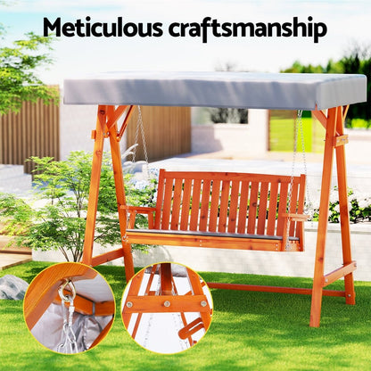 Gardeon Outdoor Wooden Swing Chair Garden Bench Canopy Cushion 3 Seater Teak - OZ Home Deals