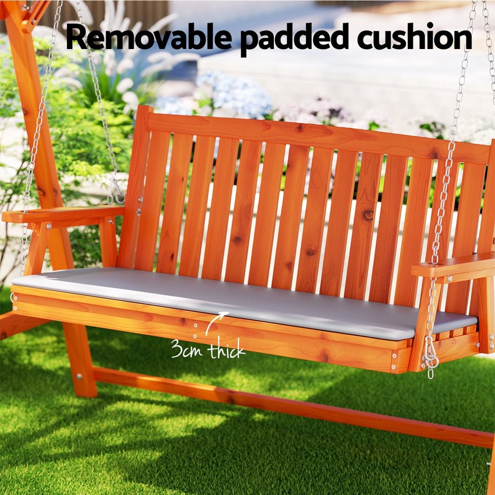 Gardeon Outdoor Wooden Swing Chair Garden Bench Canopy Cushion 3 Seater Teak - OZ Home Deals