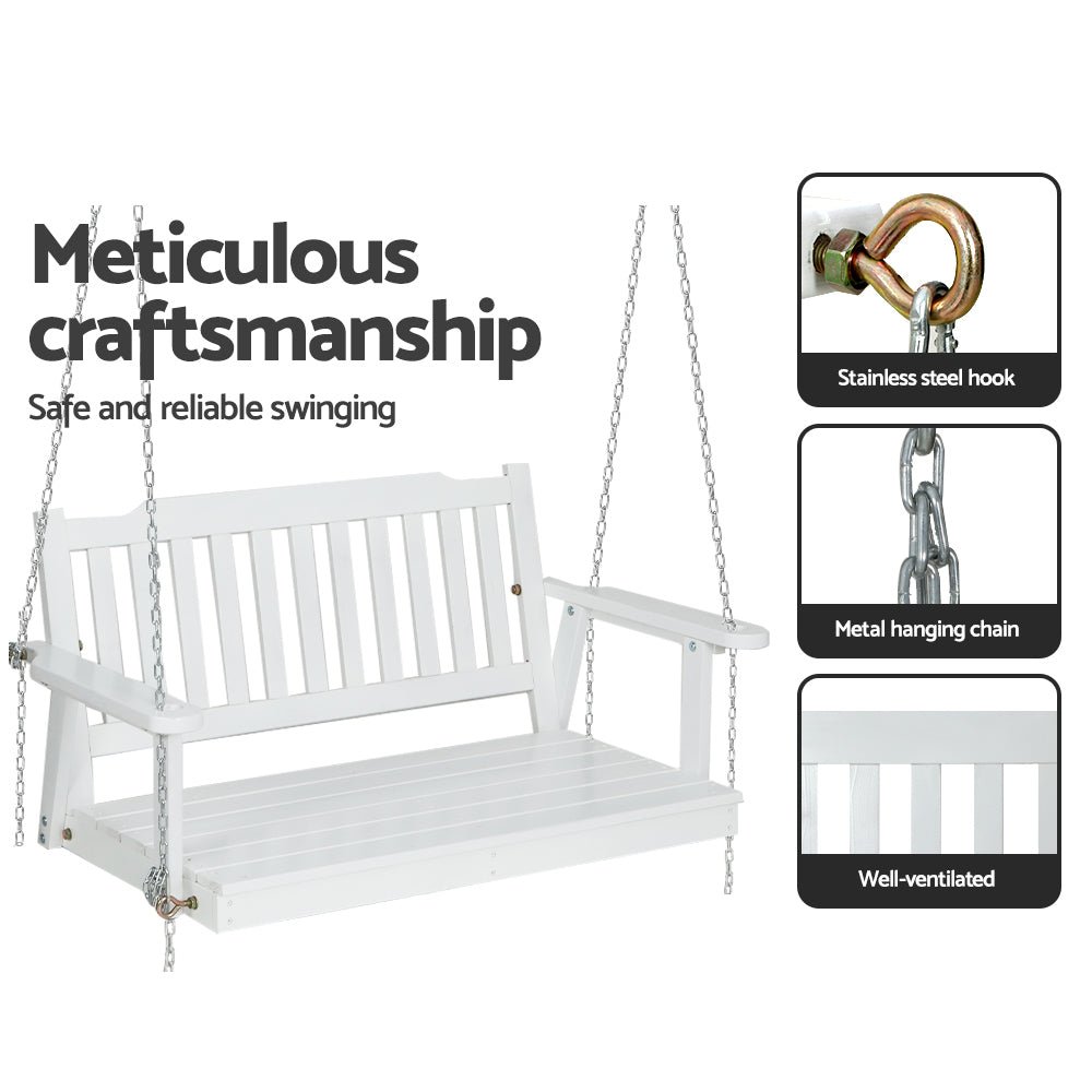 Gardeon Porch Swing Chair with Chain Garden Chair Outdoor Furniture Wooden White - OZ Home Deals