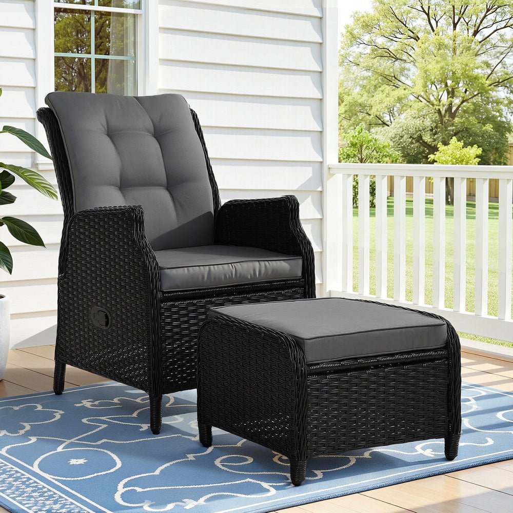 Gardeon Recliner Chair Sun lounge Wicker Lounger Outdoor Furniture Patio Adjustable Black - OZ Home Deals