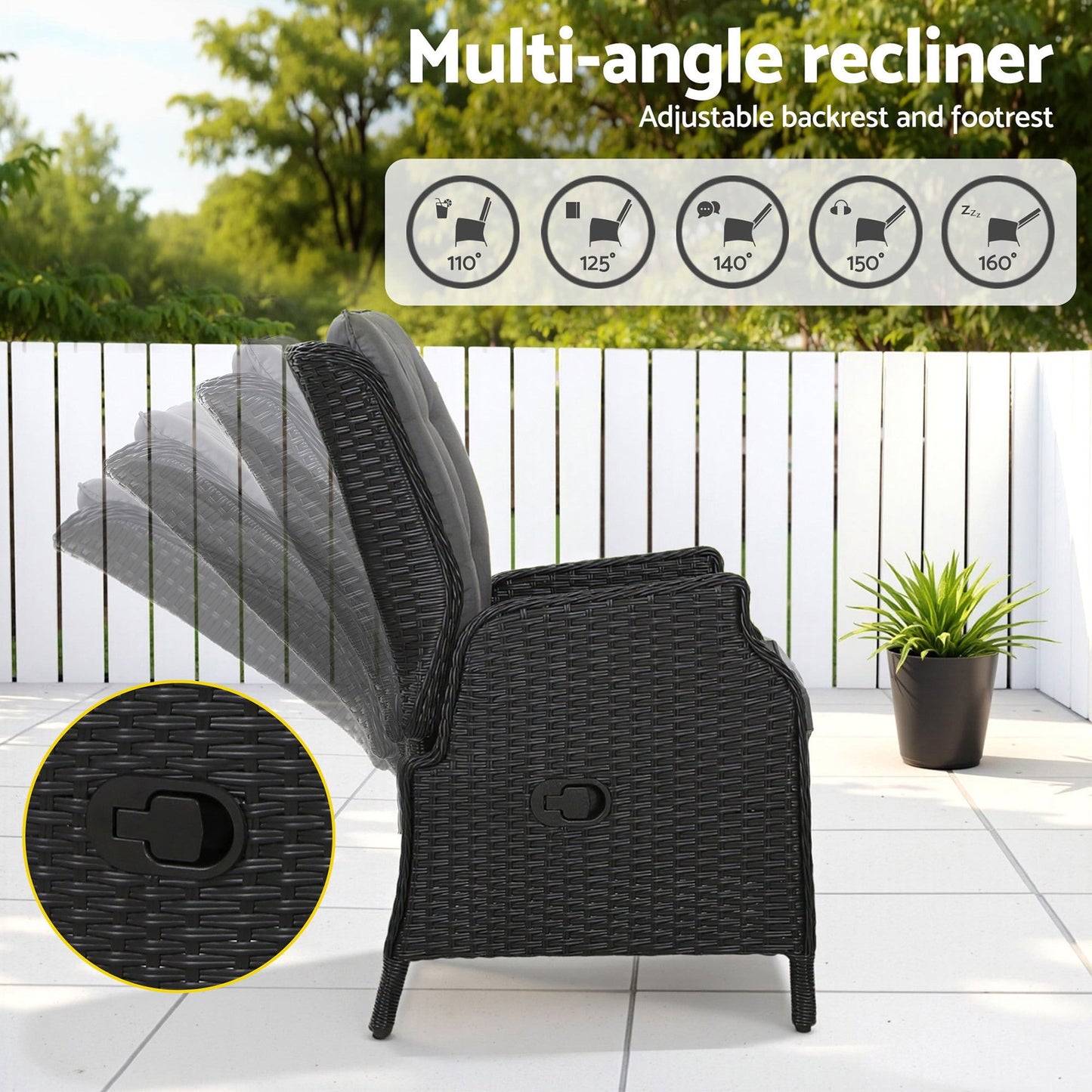 Gardeon Recliner Chair Sun lounge Wicker Lounger Outdoor Furniture Patio Adjustable Black - OZ Home Deals