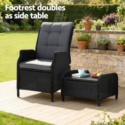 Gardeon Recliner Chair Sun lounge Wicker Lounger Outdoor Furniture Patio Adjustable Black - OZ Home Deals