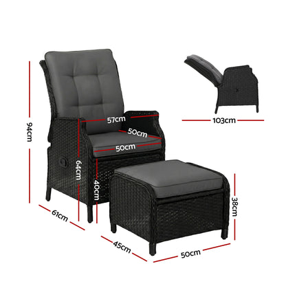 Gardeon Recliner Chair Sun lounge Wicker Lounger Outdoor Furniture Patio Adjustable Black - OZ Home Deals