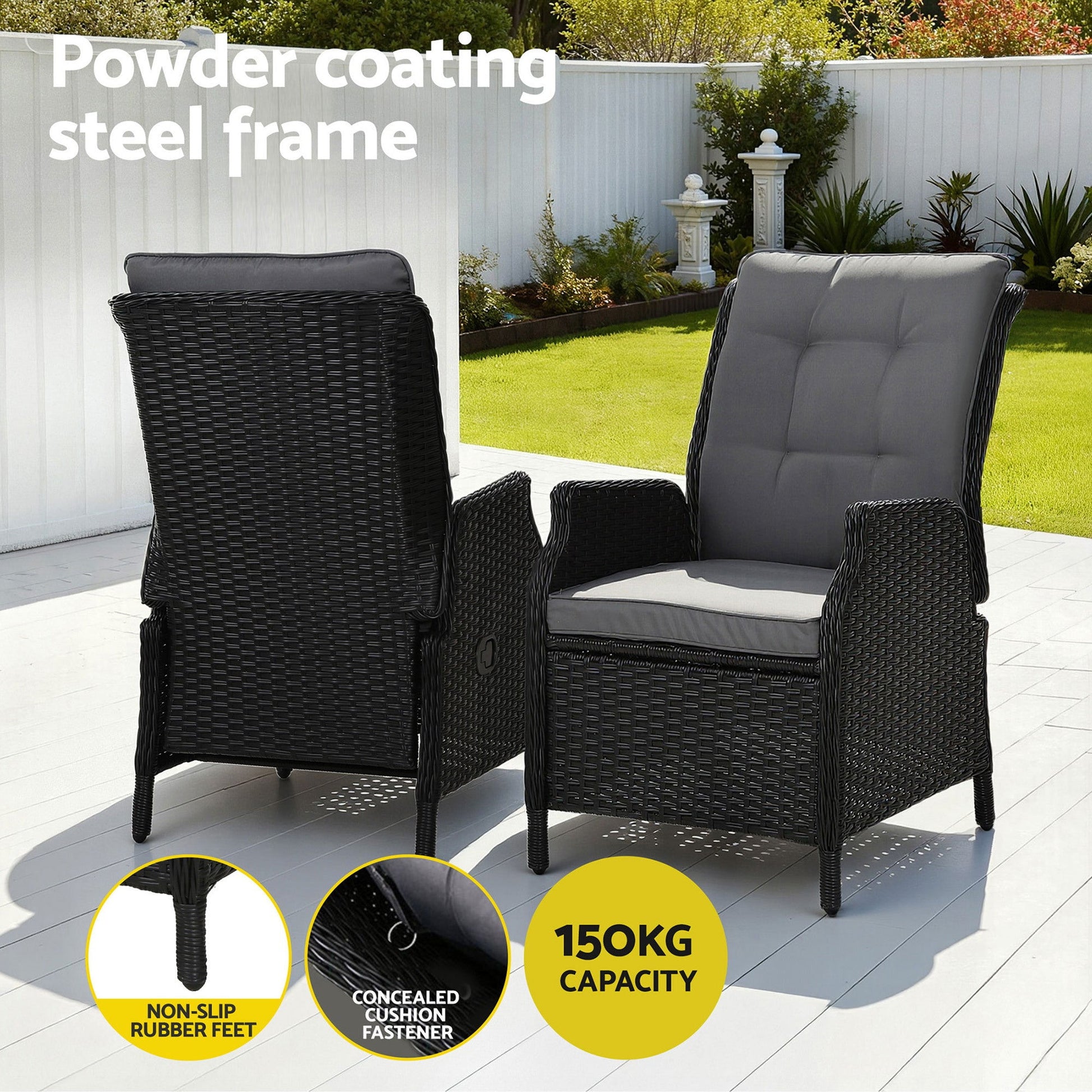 Gardeon Recliner Chair Sun lounge Wicker Lounger Outdoor Furniture Patio Adjustable Black - OZ Home Deals