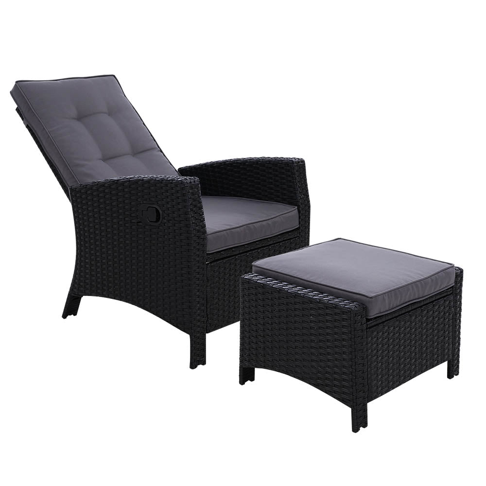 Gardeon Recliner Chair Sun lounge Wicker Lounger Outdoor Patio Furniture Adjustable Black - OZ Home Deals