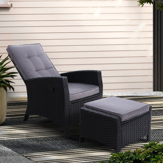 Gardeon Recliner Chair Sun lounge Wicker Lounger Outdoor Patio Furniture Adjustable Black - OZ Home Deals
