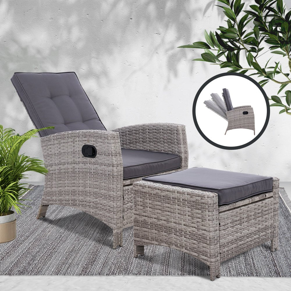 Gardeon Recliner Chair Sun lounge Wicker Lounger Outdoor Patio Furniture Adjustable Grey - OZ Home Deals