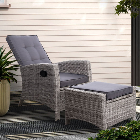 Gardeon Recliner Chair Sun lounge Wicker Lounger Outdoor Patio Furniture Adjustable Grey - OZ Home Deals