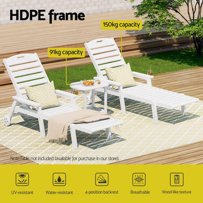 Gardeon Sun Lounge Lounger Beach Chair HDPE Patio Outdoor Furniture with Wheels White - OZ Home Deals