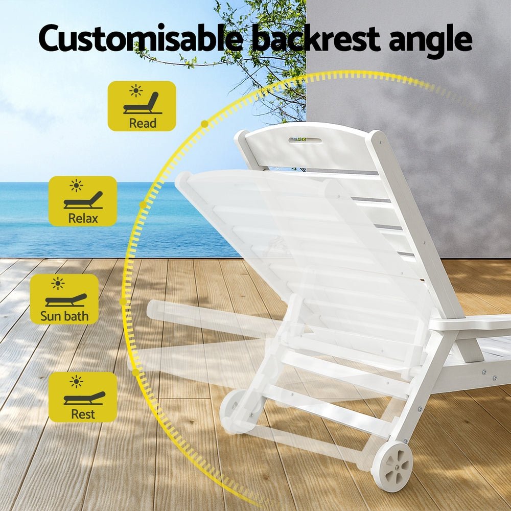 Gardeon Sun Lounge Lounger Beach Chair HDPE Patio Outdoor Furniture with Wheels White - OZ Home Deals
