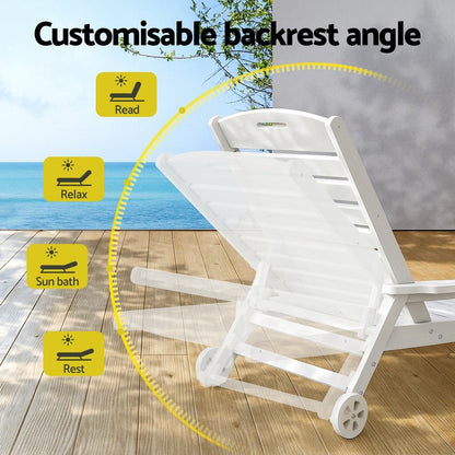 Gardeon Sun Lounge Lounger Beach Chair HDPE Patio Outdoor Furniture with Wheels White - OZ Home Deals