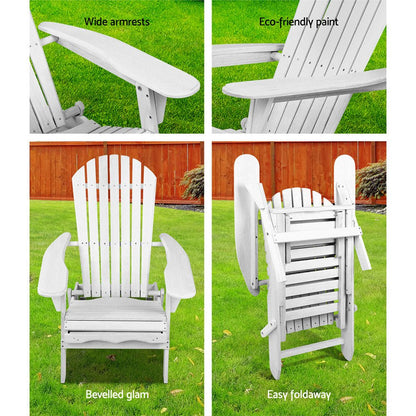 Gardeon Sun Lounge Outdoor Chairs Wooden Foldable Patio Furniture Adirondack White - OZ Home Deals