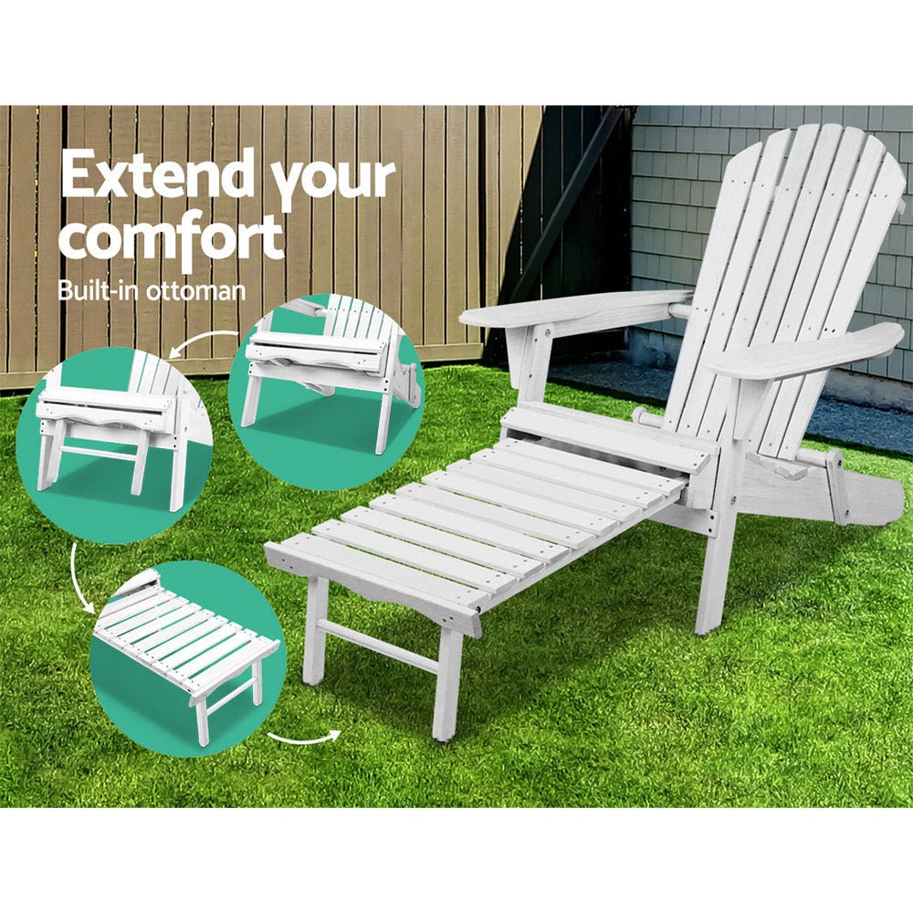 Gardeon Sun Lounge Outdoor Chairs Wooden Foldable Patio Furniture Adirondack White - OZ Home Deals