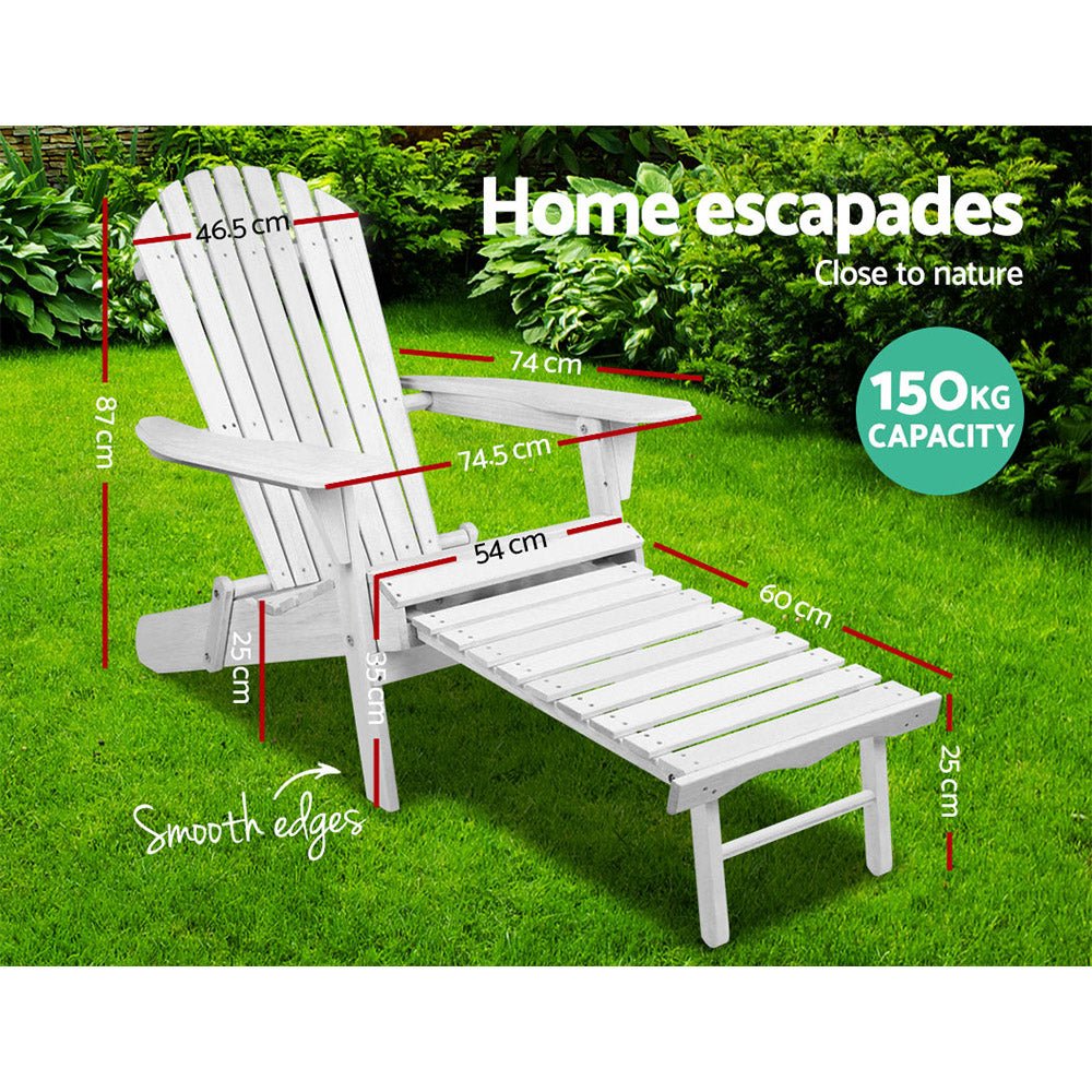 Gardeon Sun Lounge Outdoor Chairs Wooden Foldable Patio Furniture Adirondack White - OZ Home Deals