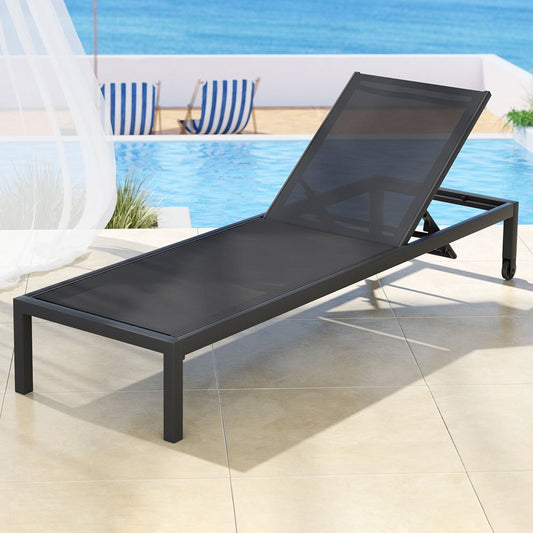 Gardeon Sun Lounge Outdoor Lounger Aluminium Folding Beach Chair Wheels Black - OZ Home Deals