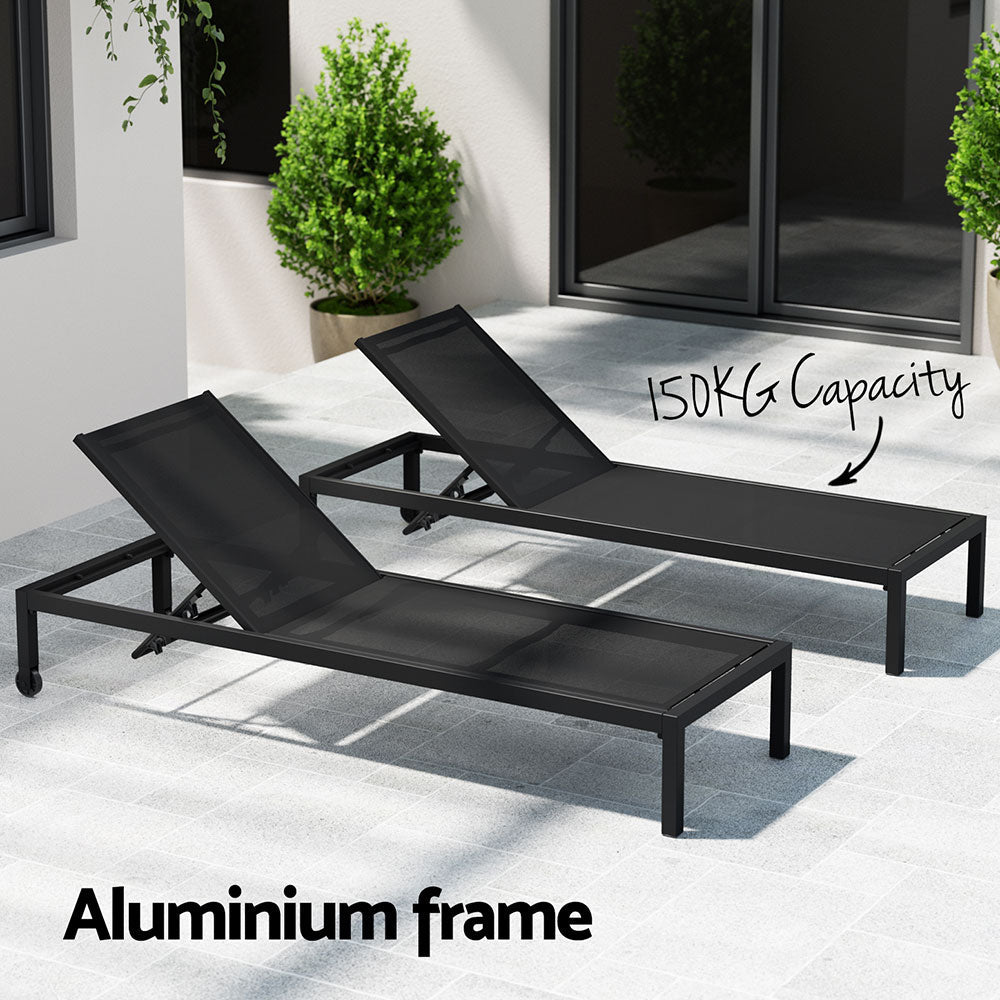 Gardeon Sun Lounge Outdoor Lounger Aluminium Folding Beach Chair Wheels Black - OZ Home Deals