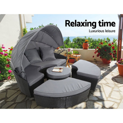 Gardeon Sun Lounge Setting Wicker Lounger Day Bed Patio Outdoor Furniture Black - OZ Home Deals