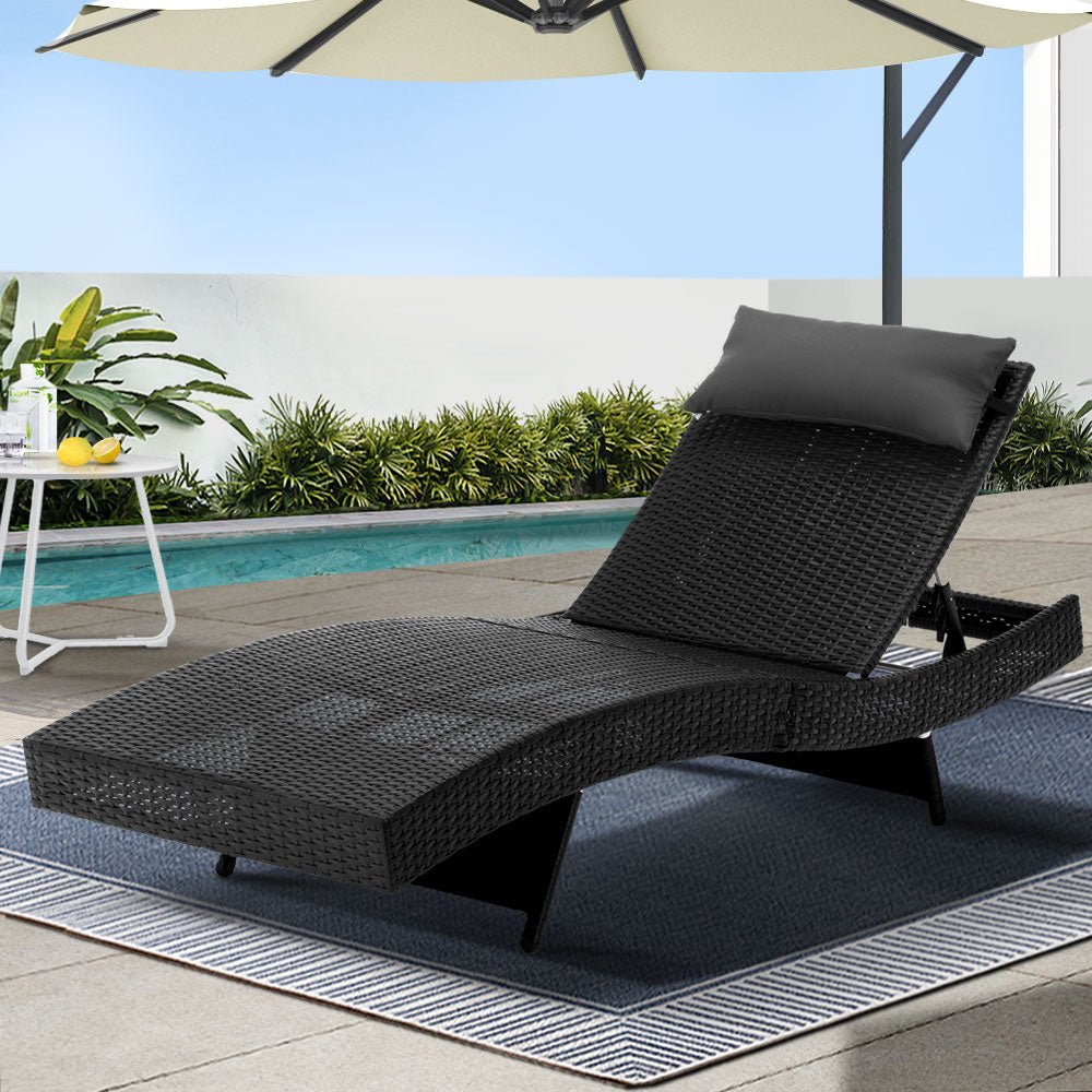 Gardeon Sun Lounge Wicker Lounger Outdoor Furniture Beach Chair Garden Adjustable Black - OZ Home Deals