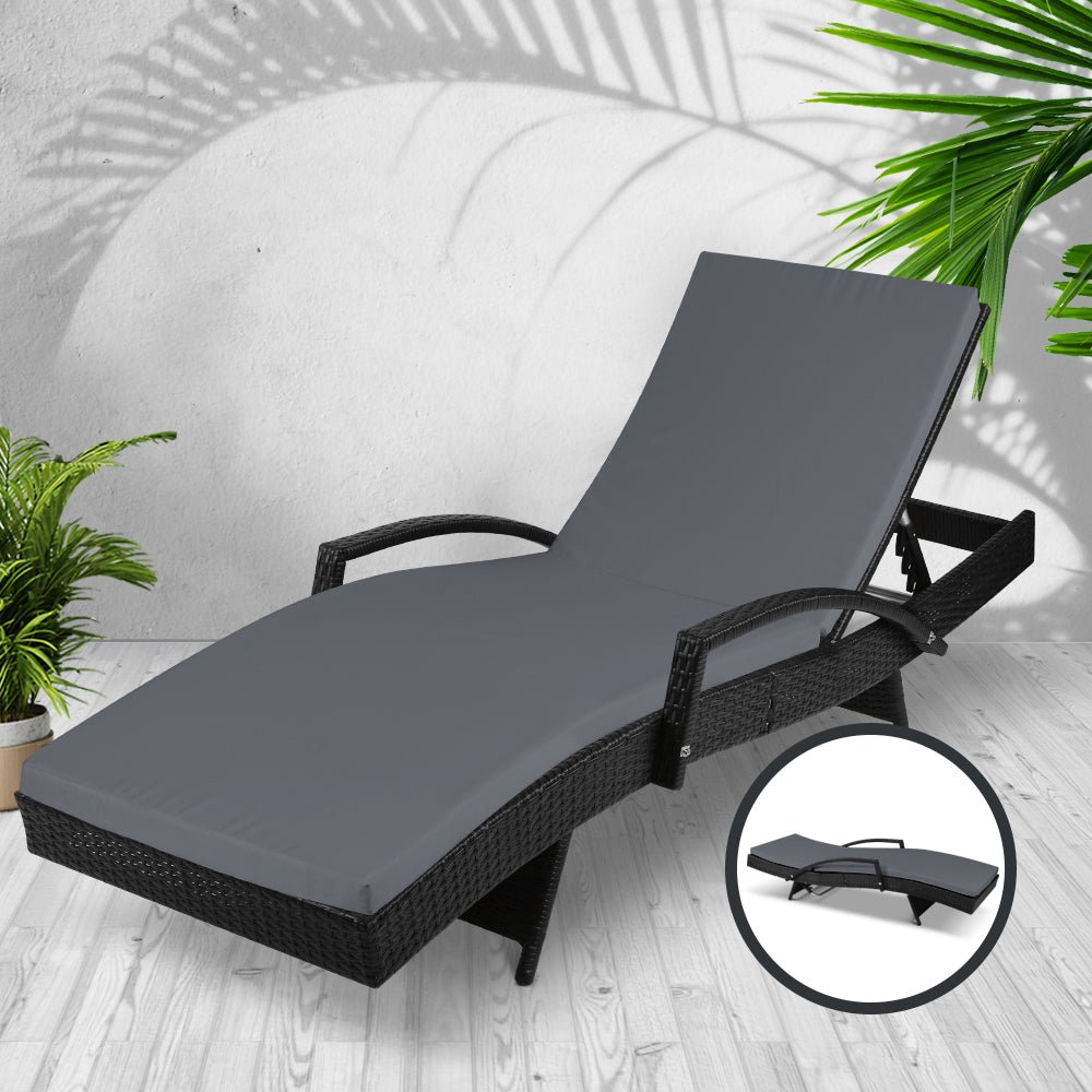 Gardeon Sun Lounge Wicker Lounger Outdoor Furniture Beach Chair Patio Adjustable Cushion Black - OZ Home Deals