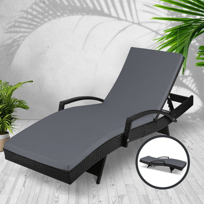 Gardeon Sun Lounge Wicker Lounger Outdoor Furniture Beach Chair Patio Adjustable Cushion Black - OZ Home Deals