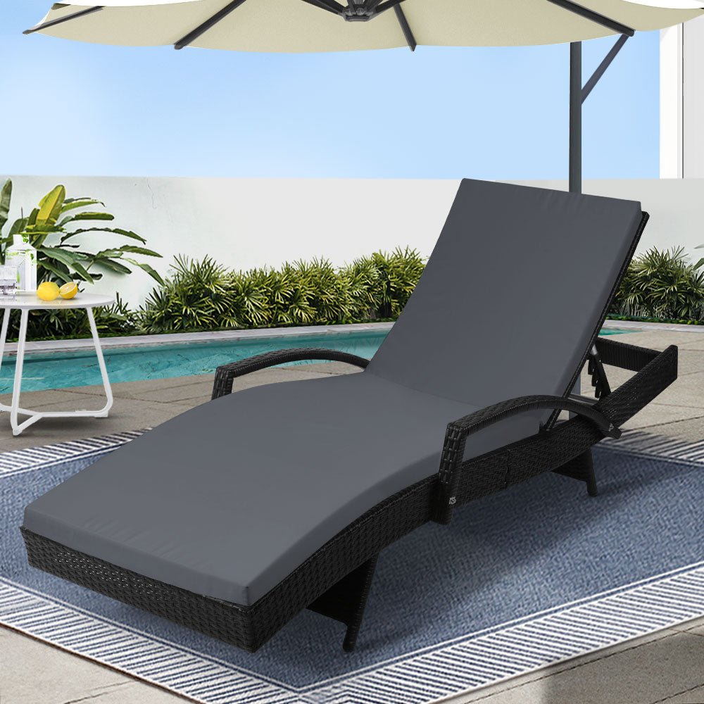 Gardeon Sun Lounge Wicker Lounger Outdoor Furniture Beach Chair Patio Adjustable Cushion Black - OZ Home Deals