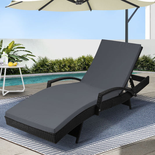 Gardeon Sun Lounge Wicker Lounger Outdoor Furniture Beach Chair Patio Adjustable Cushion Black - OZ Home Deals