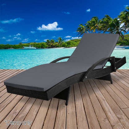 Gardeon Sun Lounge Wicker Lounger Outdoor Furniture Beach Chair Patio Adjustable Cushion Black - OZ Home Deals