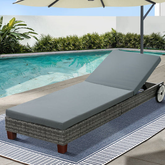 Gardeon Sun Lounge Wicker Lounger Outdoor Furniture Day Bed Wheels Patio Grey - OZ Home Deals