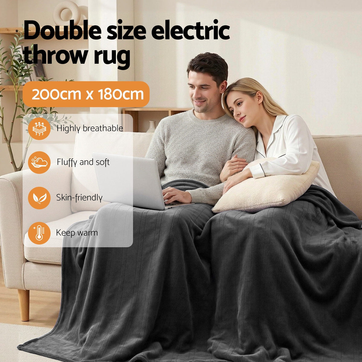 Giselle Electric Throw Rug Double Size 200x180cm Coral Fleece Heated Blanket Grey - OZ Home Deals
