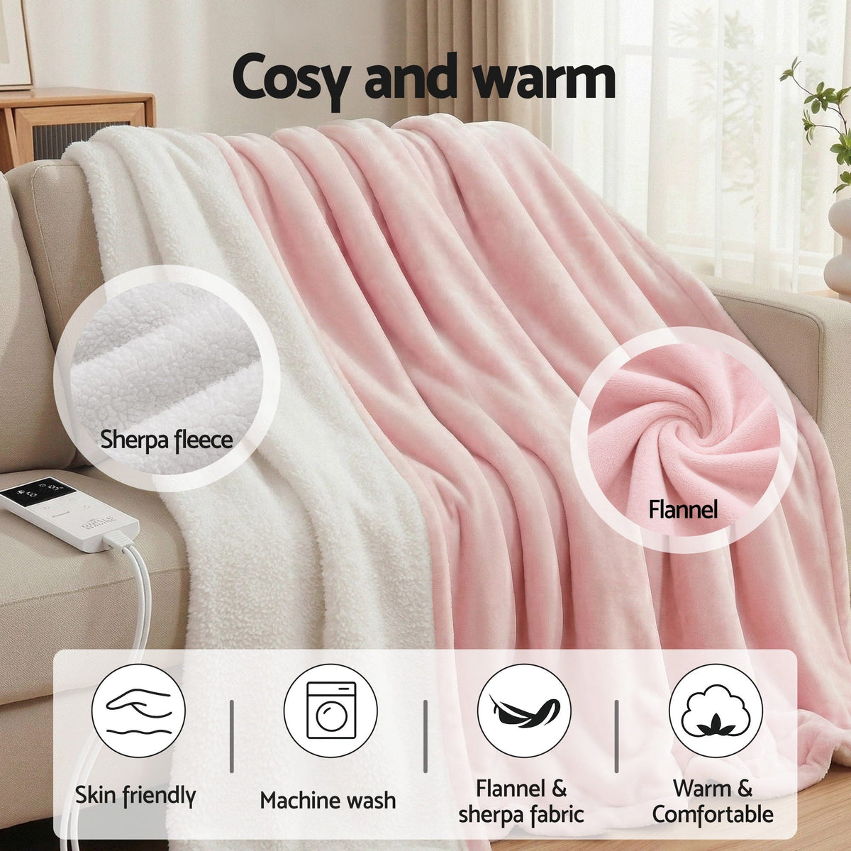 Giselle Electric Throw Rug Double Size 200x180cm Fleece Flannel Heated Blanket Pink - OZ Home Deals