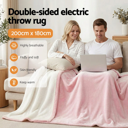 Giselle Electric Throw Rug Double Size 200x180cm Fleece Flannel Heated Blanket Pink - OZ Home Deals