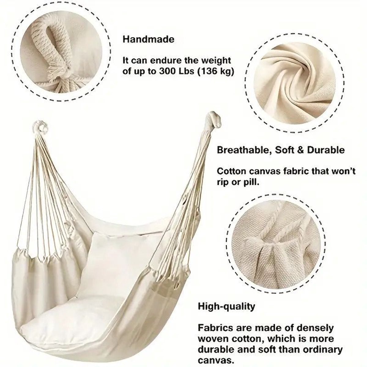 Hanging Chair - Portable Hammock - Comfortable Patio Chair - Suitable for Indoor and Outdoor Use - Maximum Load Capacity 100kg（White, without cushion） - OZ Home Deals