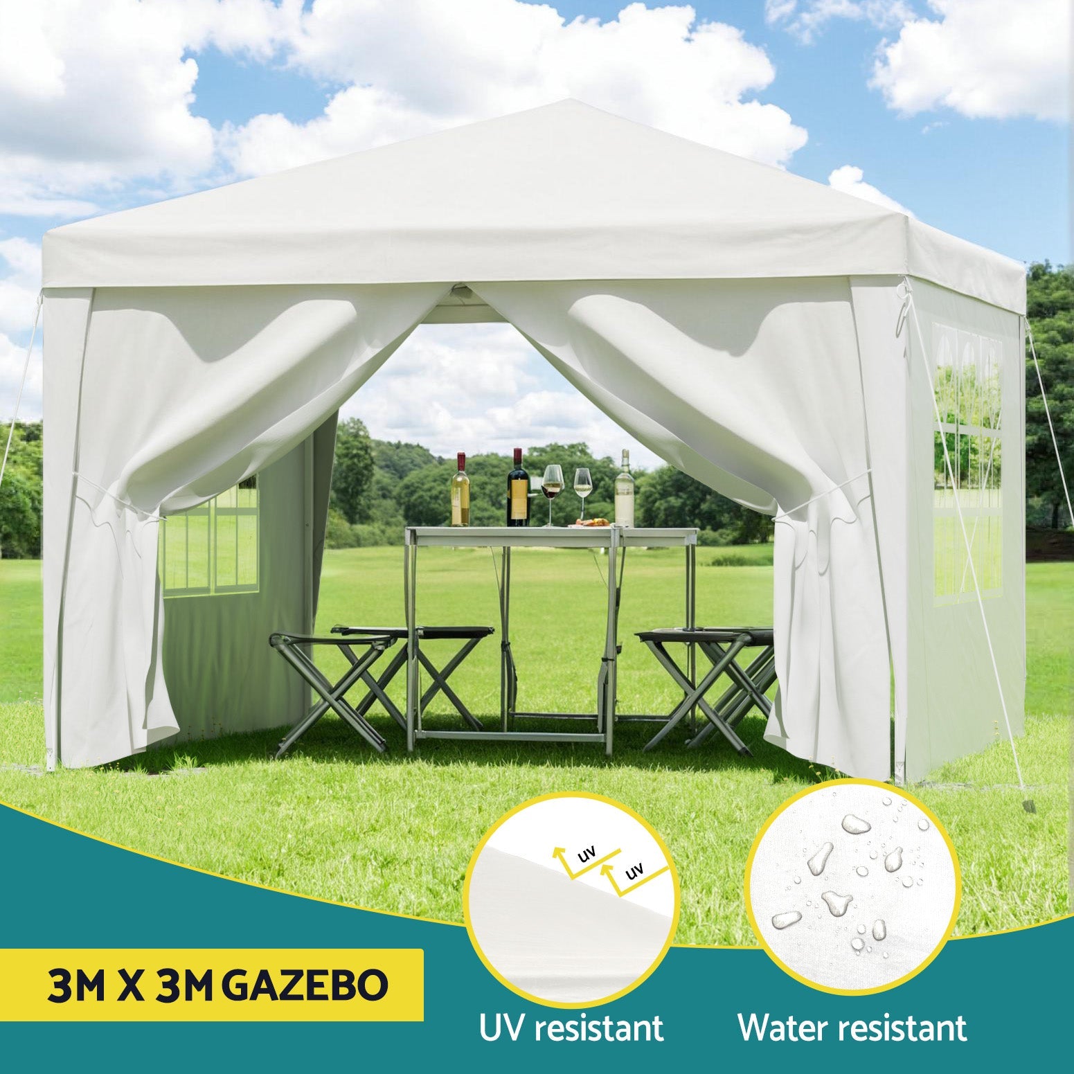 Instahut Gazebo 3x3 Pop Up Marquee Folding Tent Wedding Gazebos Camping Outdoor Canopy White - OZ Home Deals