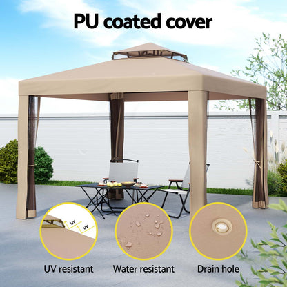 Instahut Gazebo Marquee 3m Outdoor Event Tent Camping Party Mesh Wall Canopy Brown - OZ Home Deals