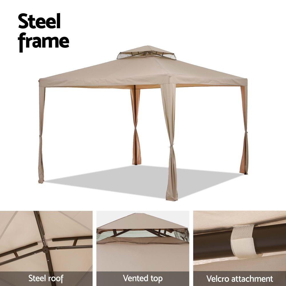 Instahut Gazebo Marquee 3m Outdoor Event Tent Camping Party Mesh Wall Canopy Brown - OZ Home Deals