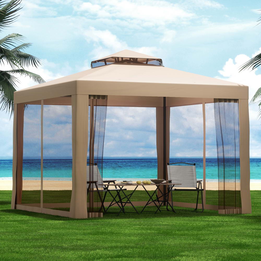 Instahut Gazebo Marquee 3m Outdoor Event Tent Camping Party Mesh Wall Canopy Brown - OZ Home Deals