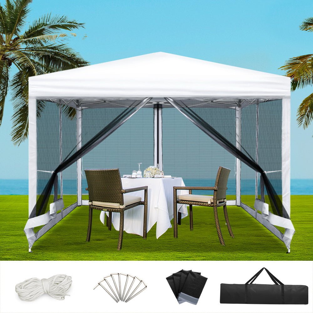 Instahut Gazebo Pop Up Marquee 3x3m Wedding Party Outdoor Camping Tent Canopy Shade Mesh Wall White - OZ Home Deals