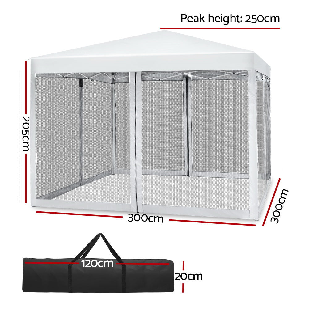 Instahut Gazebo Pop Up Marquee 3x3m Wedding Party Outdoor Camping Tent Canopy Shade Mesh Wall White - OZ Home Deals