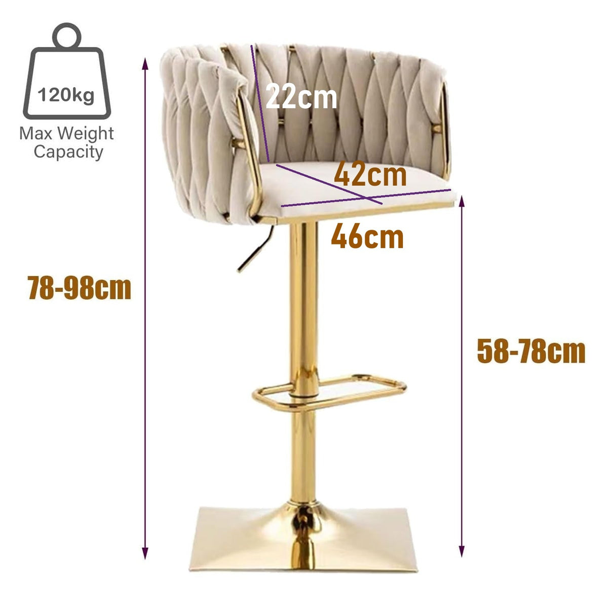 Ivory Velvet Swivel Bar Stools – Adjustable Height, Gold Base, 2-Pack - OZ Home Deals