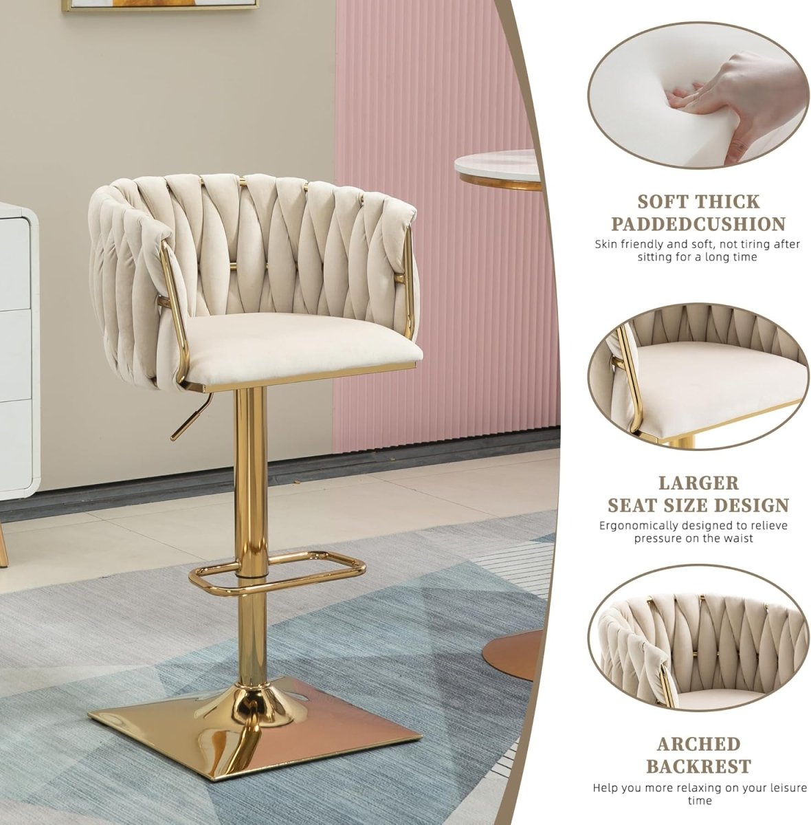 Ivory Velvet Swivel Bar Stools – Adjustable Height, Gold Base, 2-Pack - OZ Home Deals
