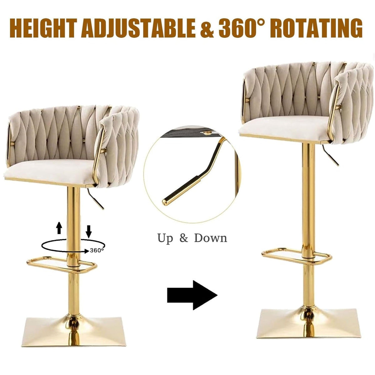 Ivory Velvet Swivel Bar Stools – Adjustable Height, Gold Base, 2-Pack - OZ Home Deals