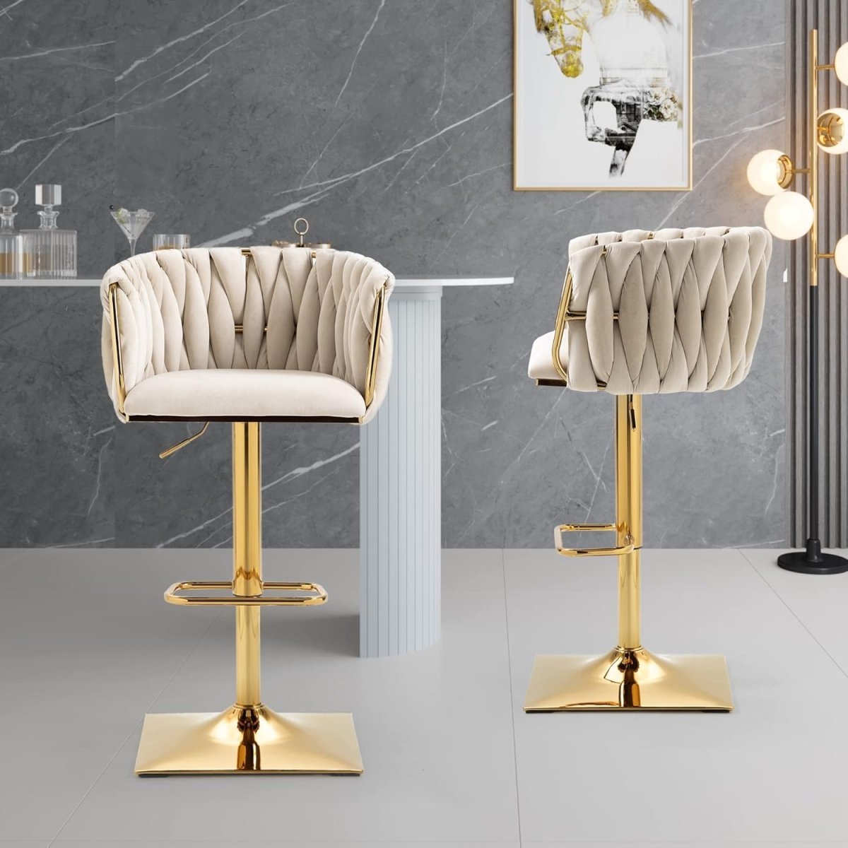 Ivory Velvet Swivel Bar Stools – Adjustable Height, Gold Base, 2-Pack - OZ Home Deals