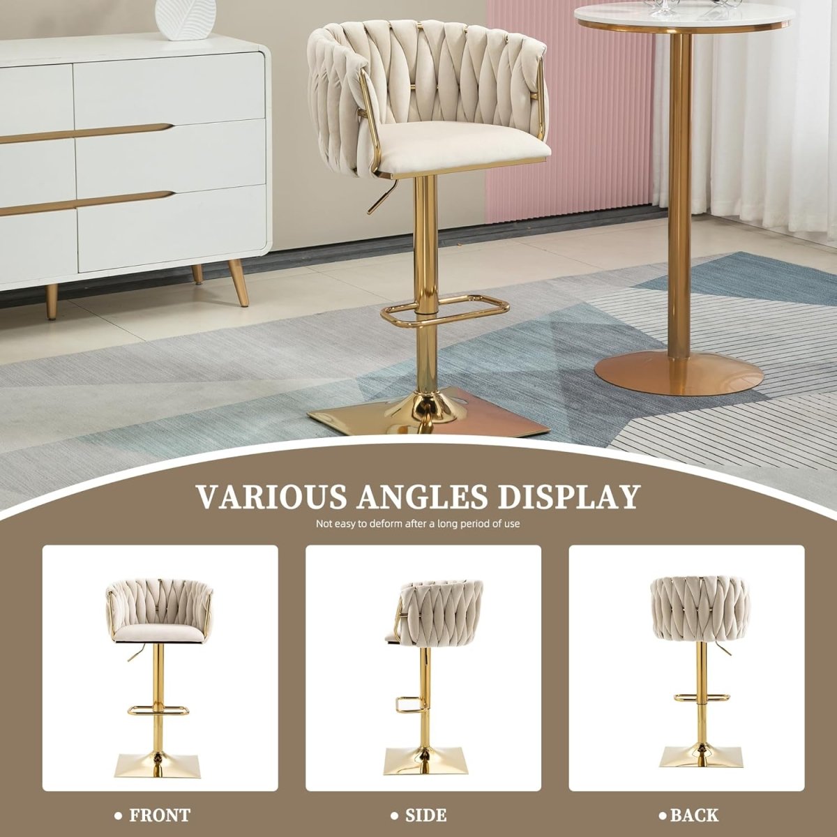 Ivory Velvet Swivel Bar Stools – Adjustable Height, Gold Base, 2-Pack - OZ Home Deals