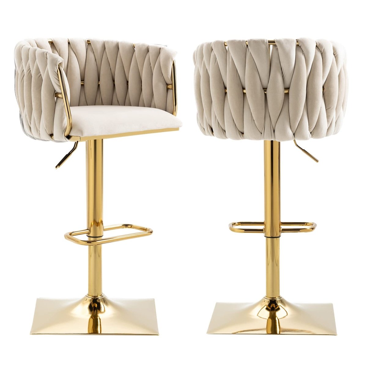 Ivory Velvet Swivel Bar Stools – Adjustable Height, Gold Base, 2-Pack - OZ Home Deals